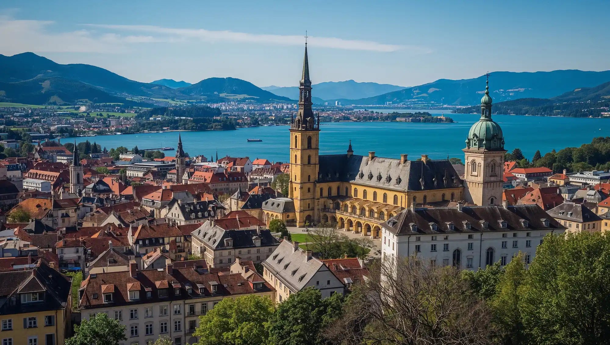 Vue aérienne de la ville de Neuchâtel avec le lac et les Alpes en arrière-plan, zone couverte par KM Étanchéité.
