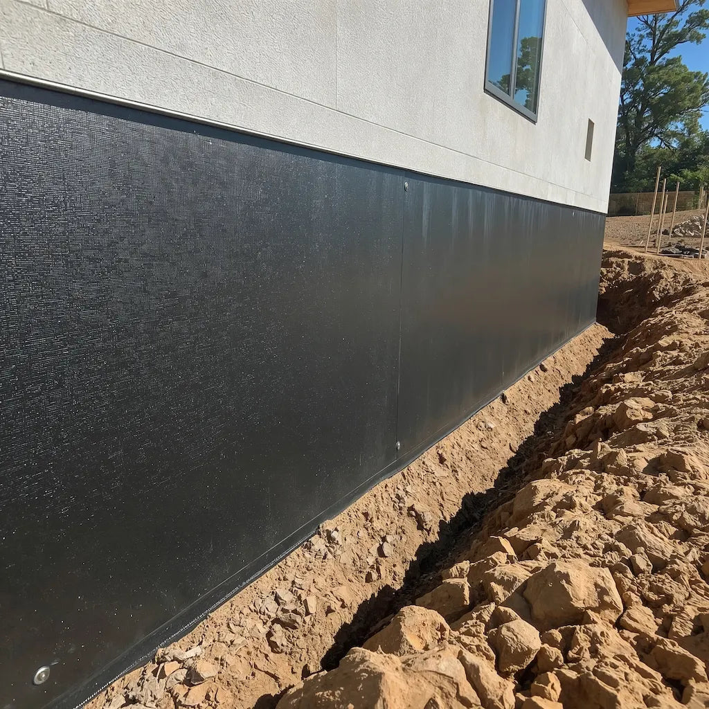 Application d’un revêtement d’étanchéité extérieur sur murs de fondations en Suisse pour prévenir l’humidité.