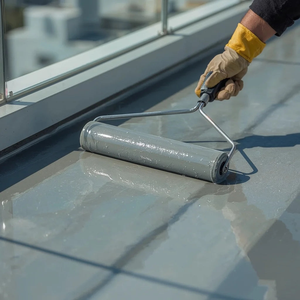 Application d’un revêtement d’étanchéité liquide sur une terrasse en Suisse avec finition professionnelle.