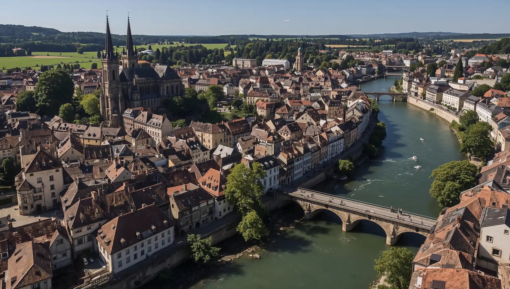Vue aérienne de la ville de Fribourg en Suisse avec la cathédrale Saint-Nicolas et la Sarine, zone couverte par KM Étanchéité.