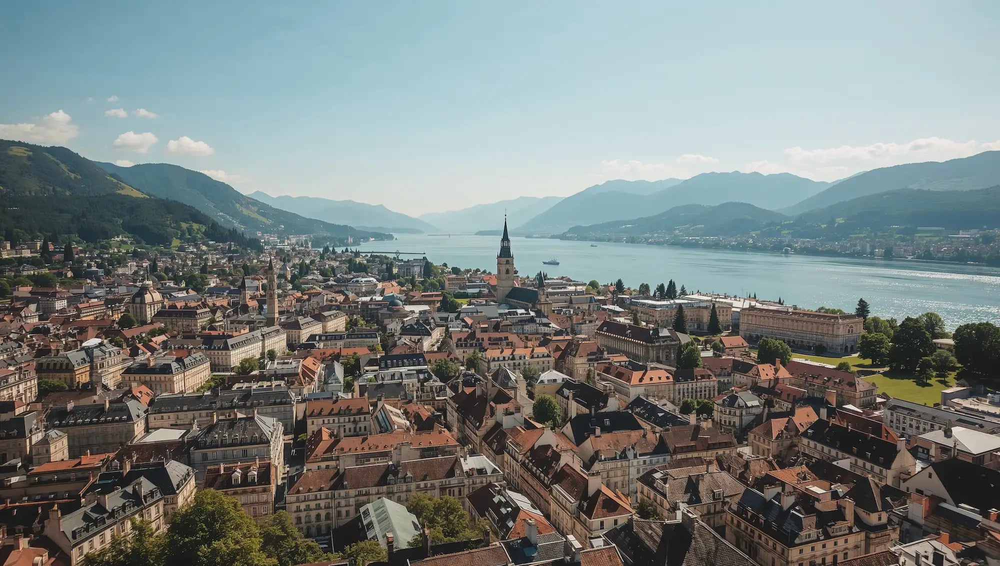 Vue aérienne de Lausanne et du canton de Vaud avec le lac Léman et les montagnes, région d’intervention de KM Étanchéité.