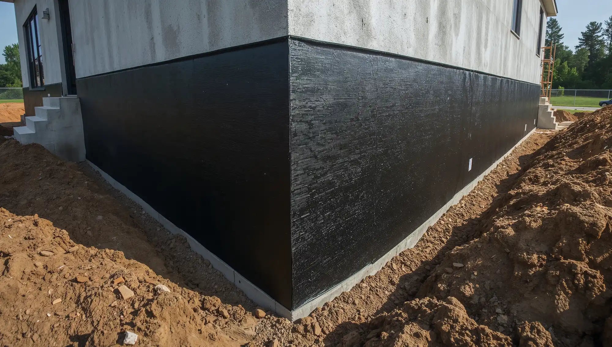 Travaux d’étanchéité sur murs enterrés et fondations d’une maison en Suisse contre les infiltrations d’eau.